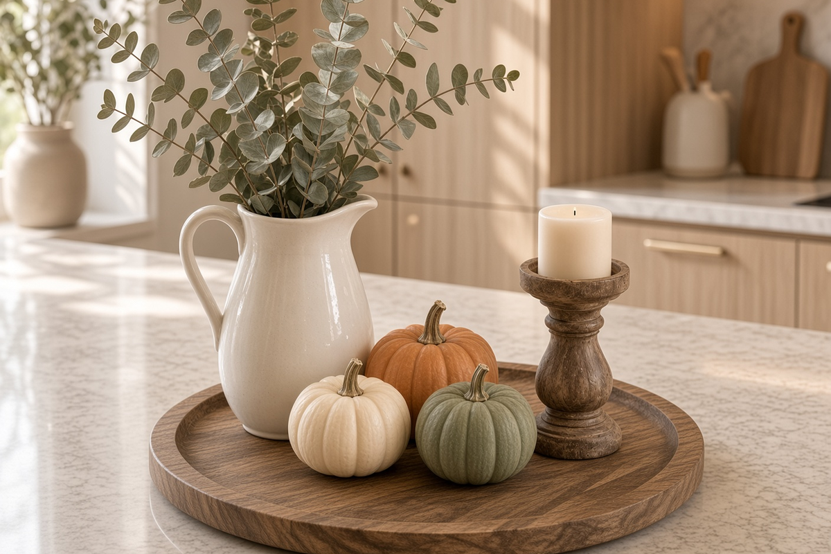 Fall Kitchen Island Tray Centerpiece: White Pitcher & Pumpkins